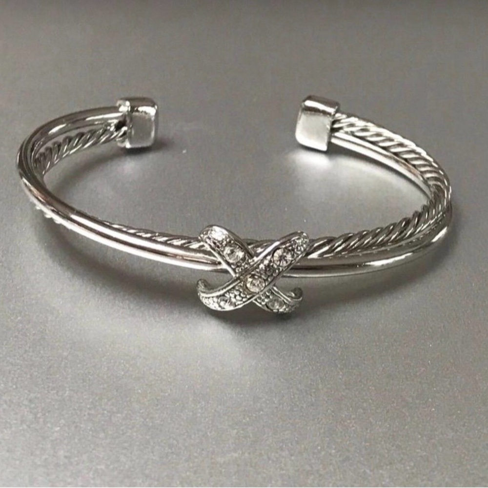 Silver Cuff Crossover Bracelet with Rhinestones